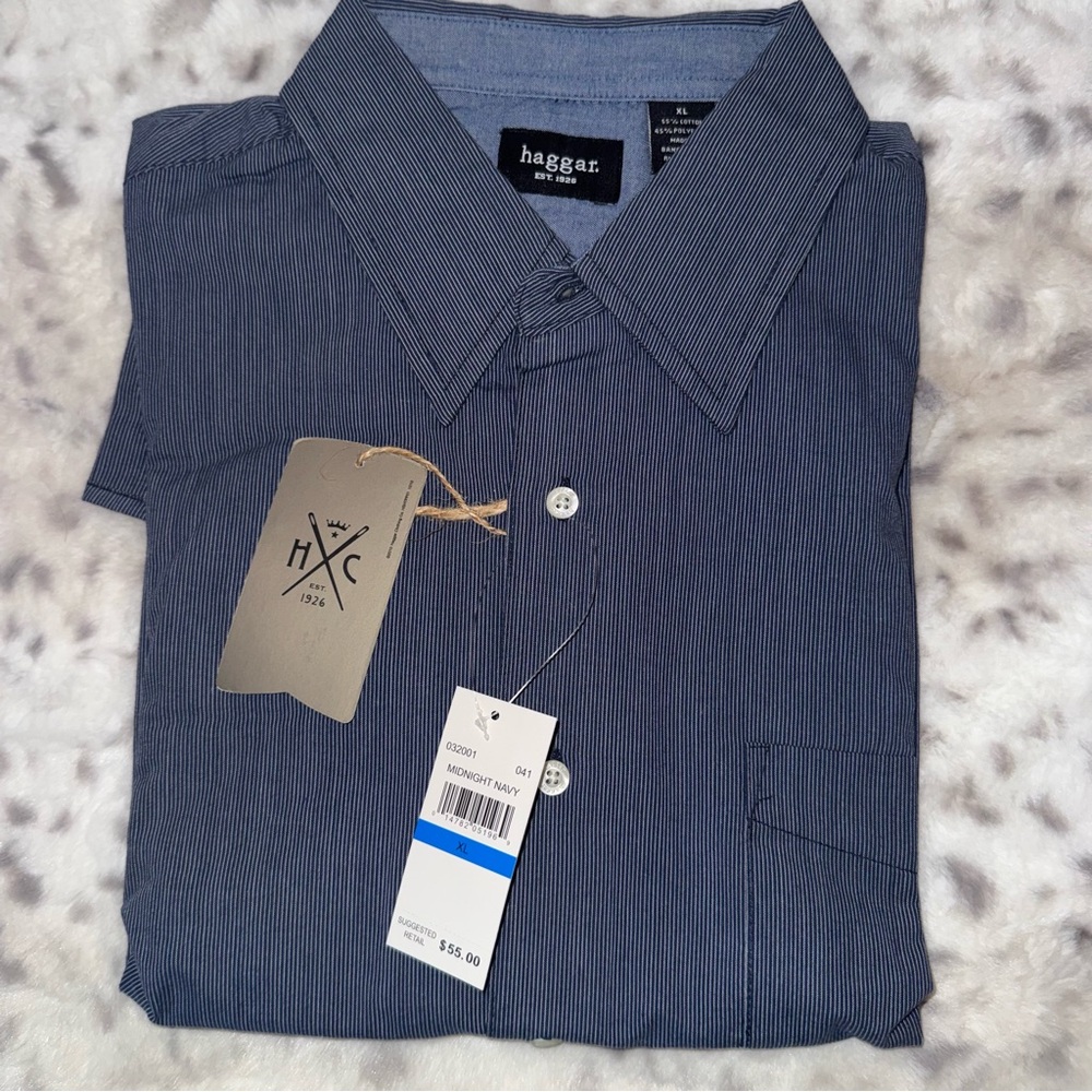 Haggar Men's Navy Pinstripe Button Down Shirt